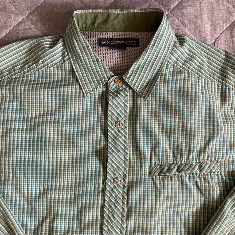 ExOfficio Long Sleeve Snap Front Shirt Mens XL Green Plaid Vented Hiking Travel